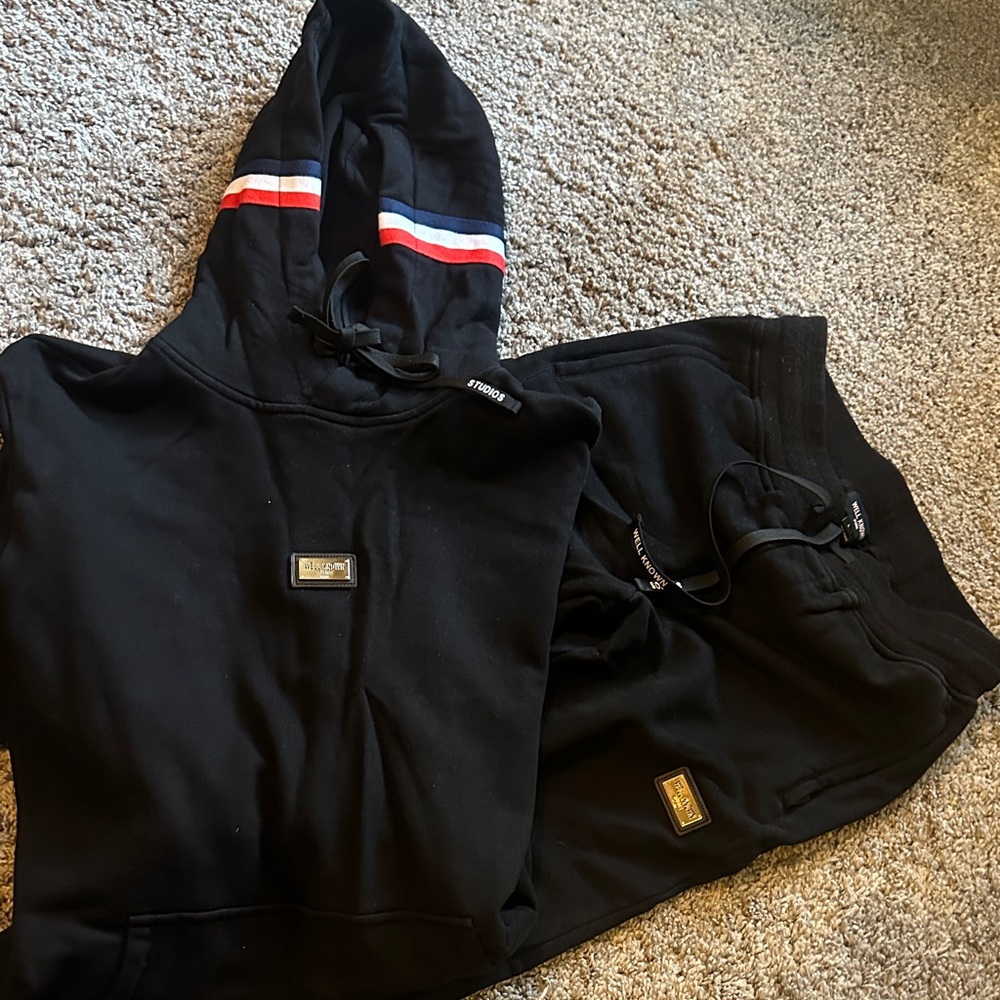Black Hoodie and Joggers Set with Stripe Detail